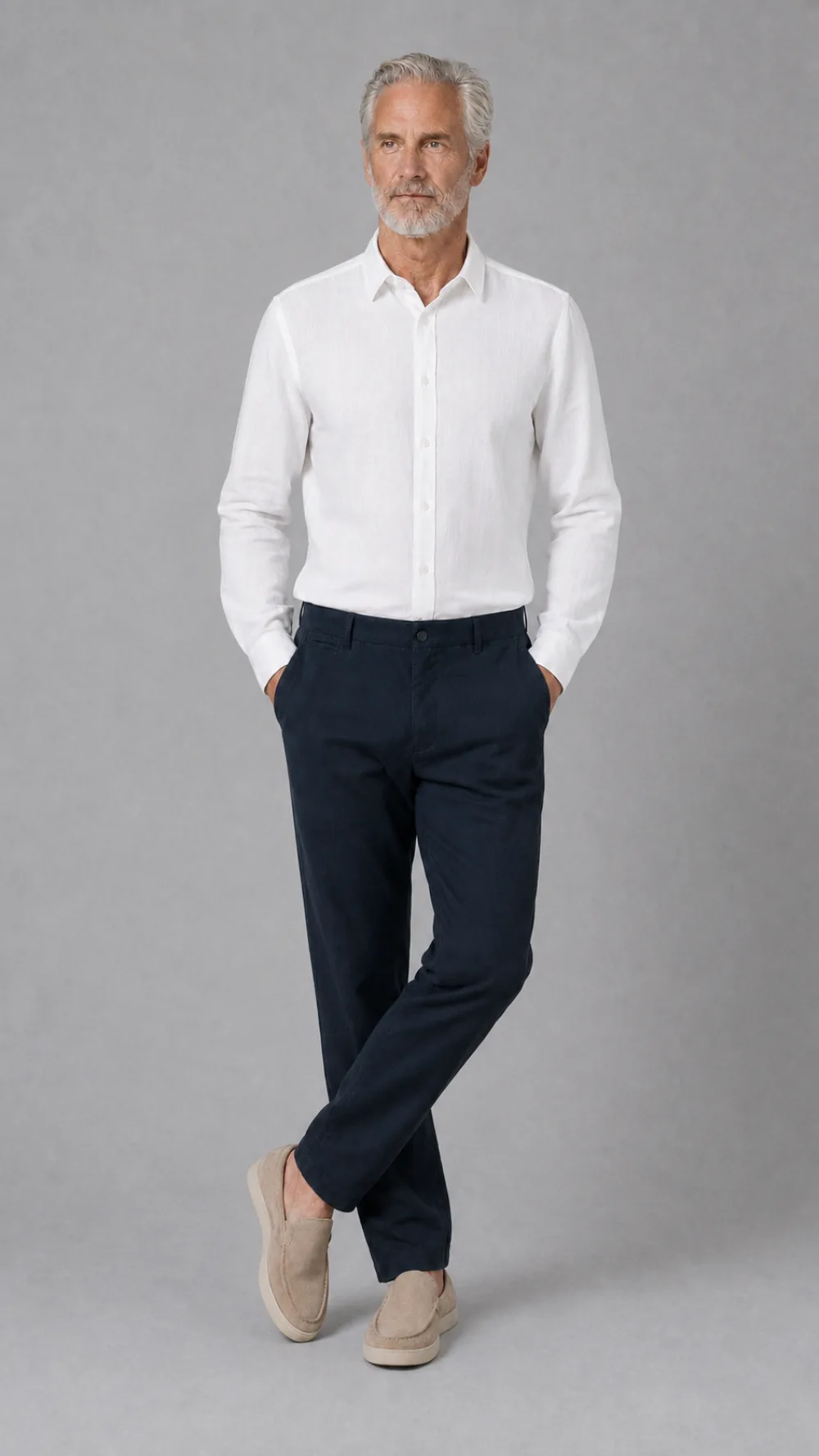 KI-generiertes On-Model-Bild: Model in weissem Leinenhemd und dunkelblauer Chino