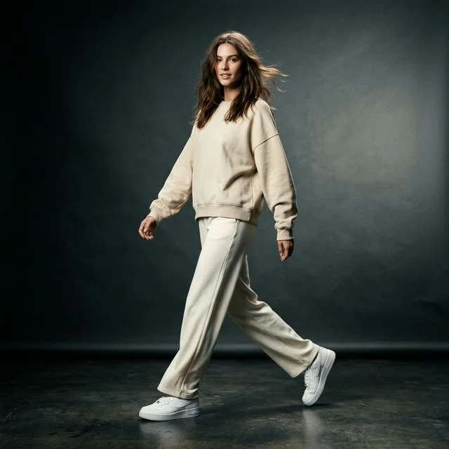 KI-generiertes On-Model-Bild einer Frau in beigem Outfit